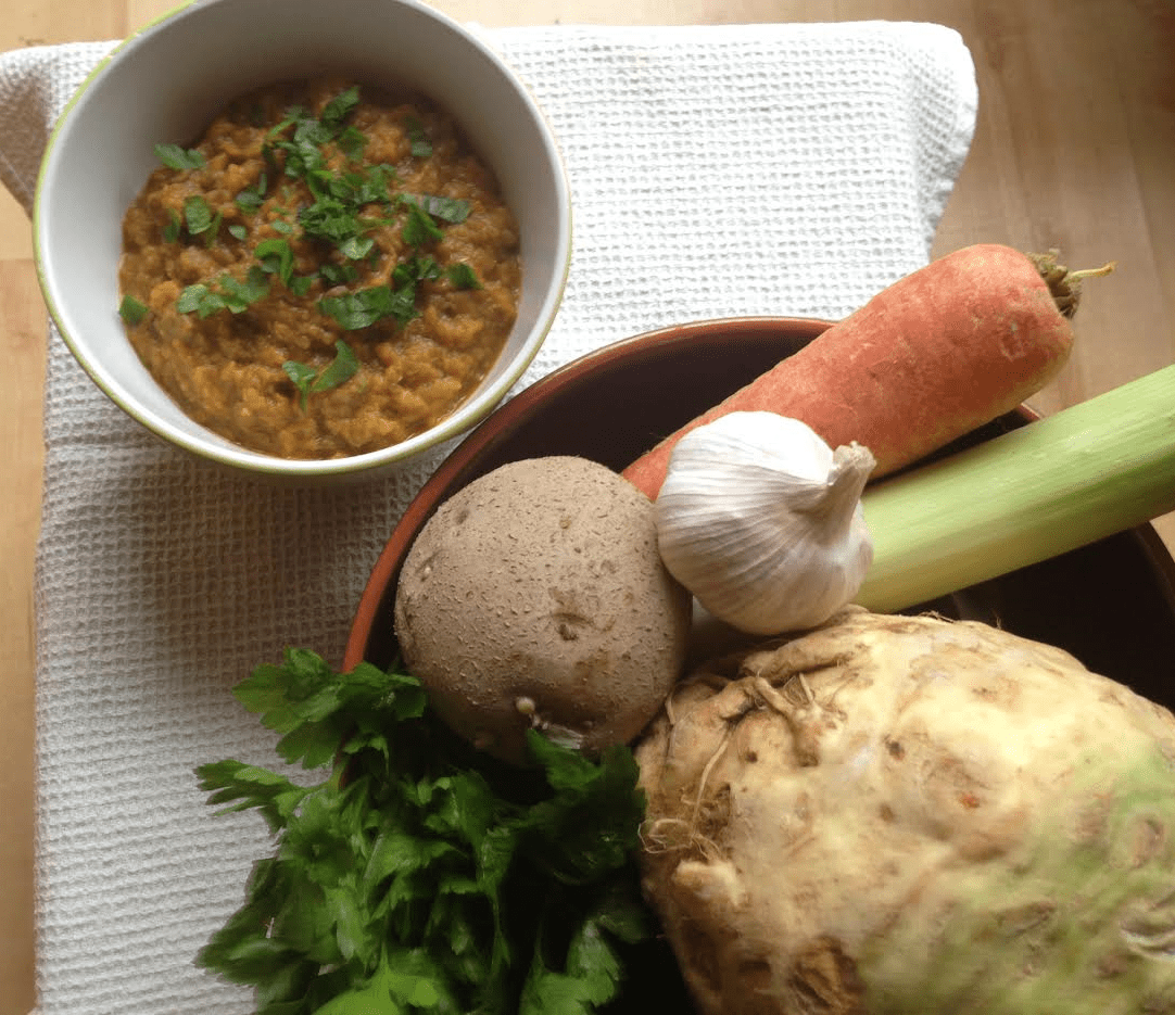 Green Lentil Dahl with Winter Roots