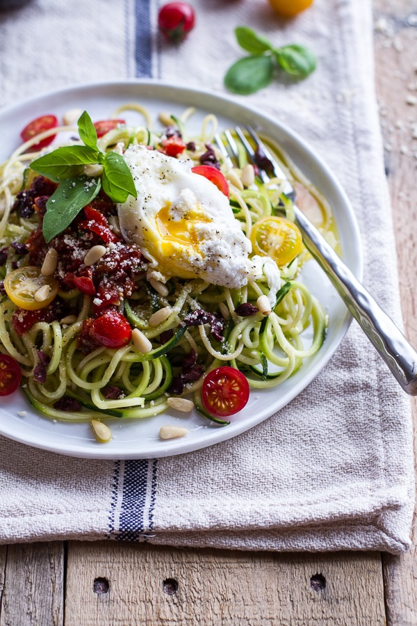 Courgette Pasta recipe with Basil, Cherry Tomatoes and Poached Egg